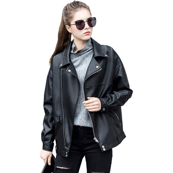 LY VAREY LIN Women Faux Leather Jacket Black Long Sleeve Lapel Collar Zip up - Picture 1 of 6